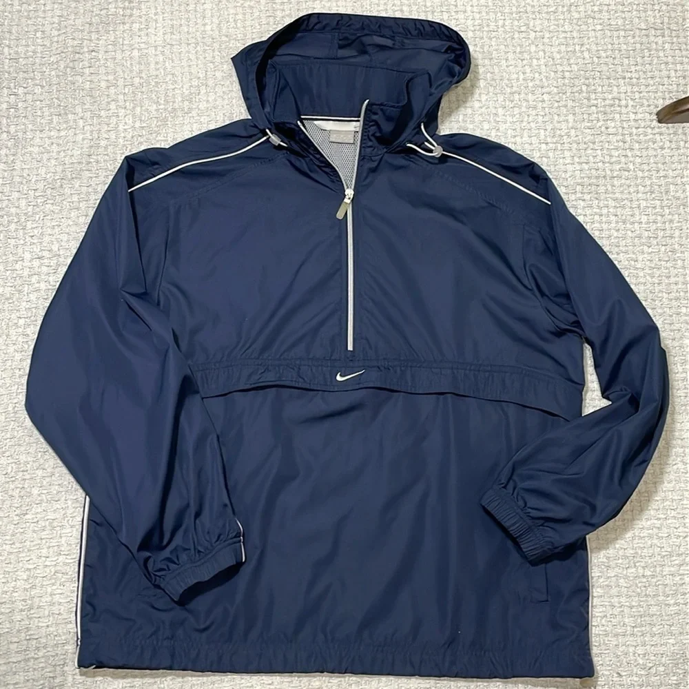 Nike Swoosh Hidden Hood Pullover Anorak Windbreaker Jacket Mens Medium Blue
